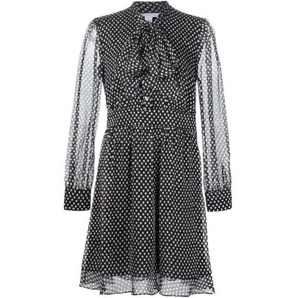 Diane Von Furstenberg Dress 100% Silk Black Short White Dot Tie Long Sleeve 4 6 - Picture 1 of 14